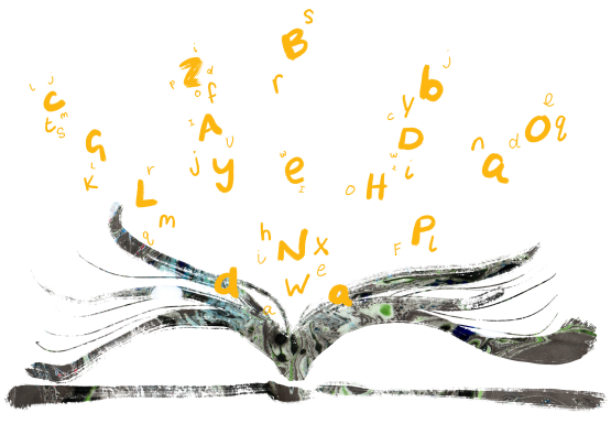 Illustration of letters flying off the pages of an open book