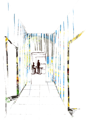 Illustration of a long corridor with two people in a room at the end